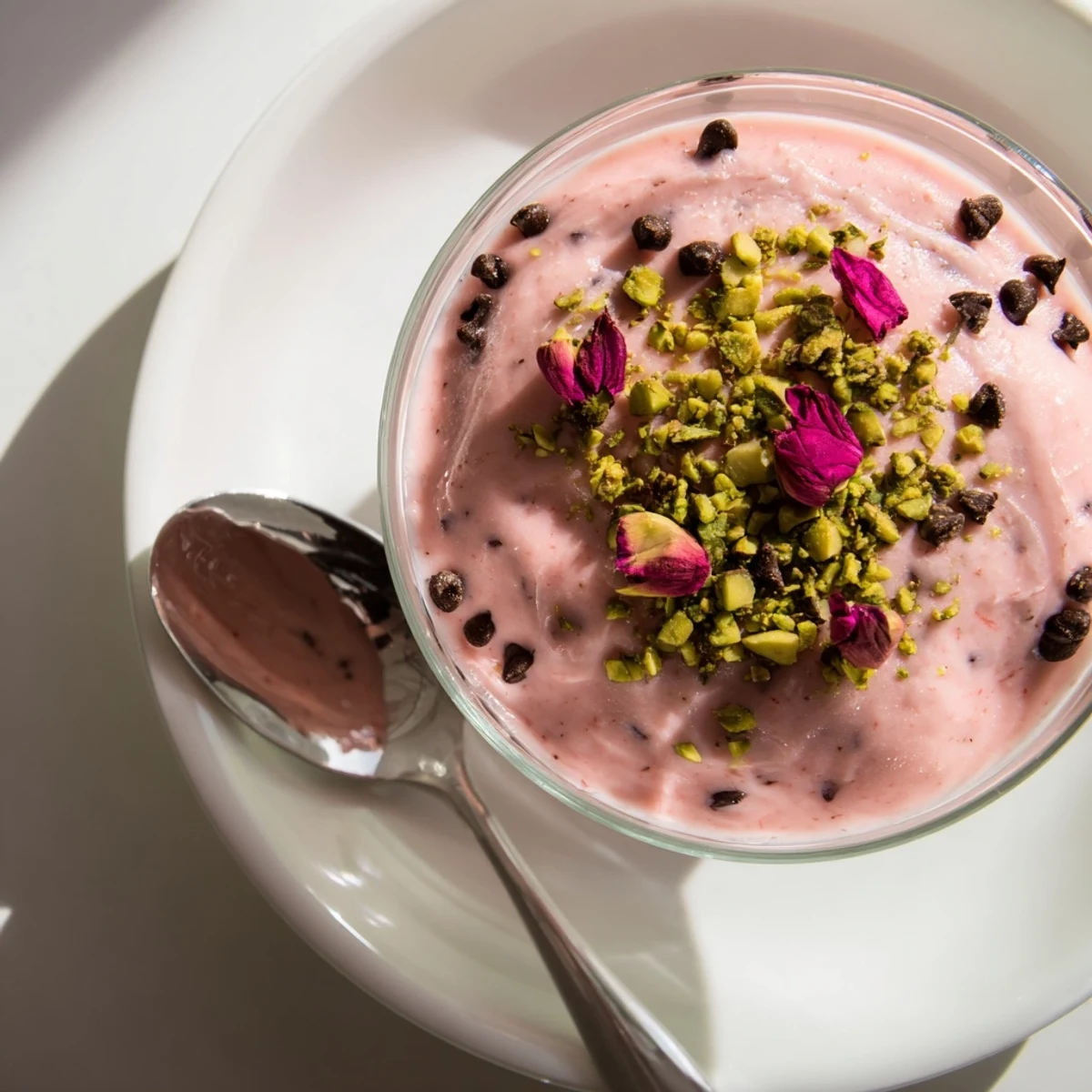 Pink Gelo di Melone dessert garnished with rose petals and chopped nuts for summer