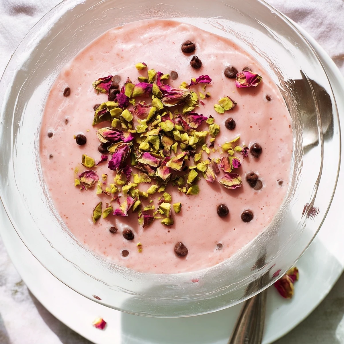 Traditional Sicilian watermelon pudding chilled in serving glasses with dark chocolate and pistachios