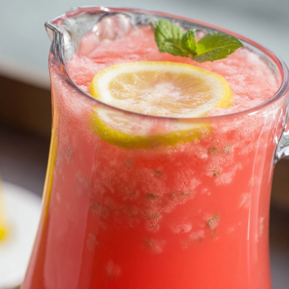 Glossy pitcher of watermelon lemonade garnished with fresh mint and lemon slices on ice
