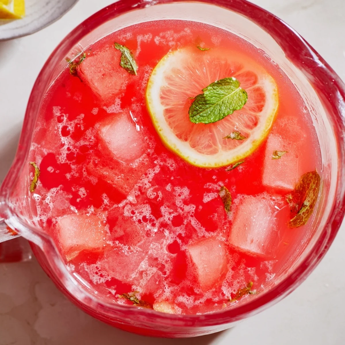 Tall glass filled with vibrant pink watermelon lemonade topped with floating lemon wedges and mint
