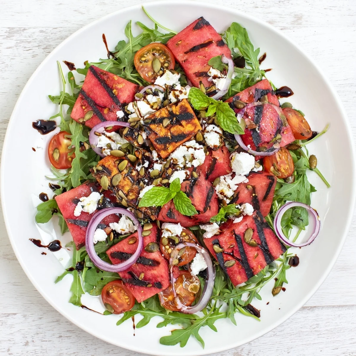 Colorful grilled watermelon salad with balsamic dressing topped with creamy feta cheese