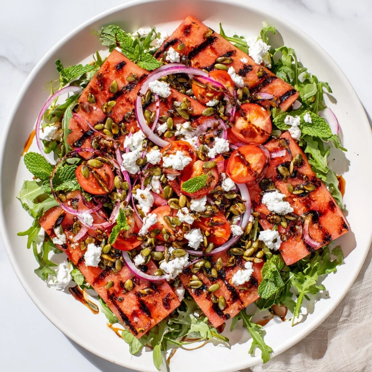 Fresh summer salad featuring smoky grilled watermelon cubes drizzled with tangy balsamic glaze
