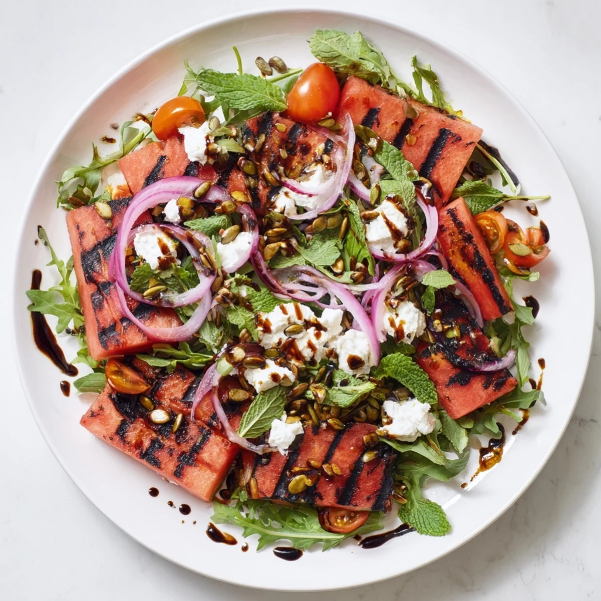 Vibrant bowl of grilled watermelon salad with arugula mint and crumbled feta cheese