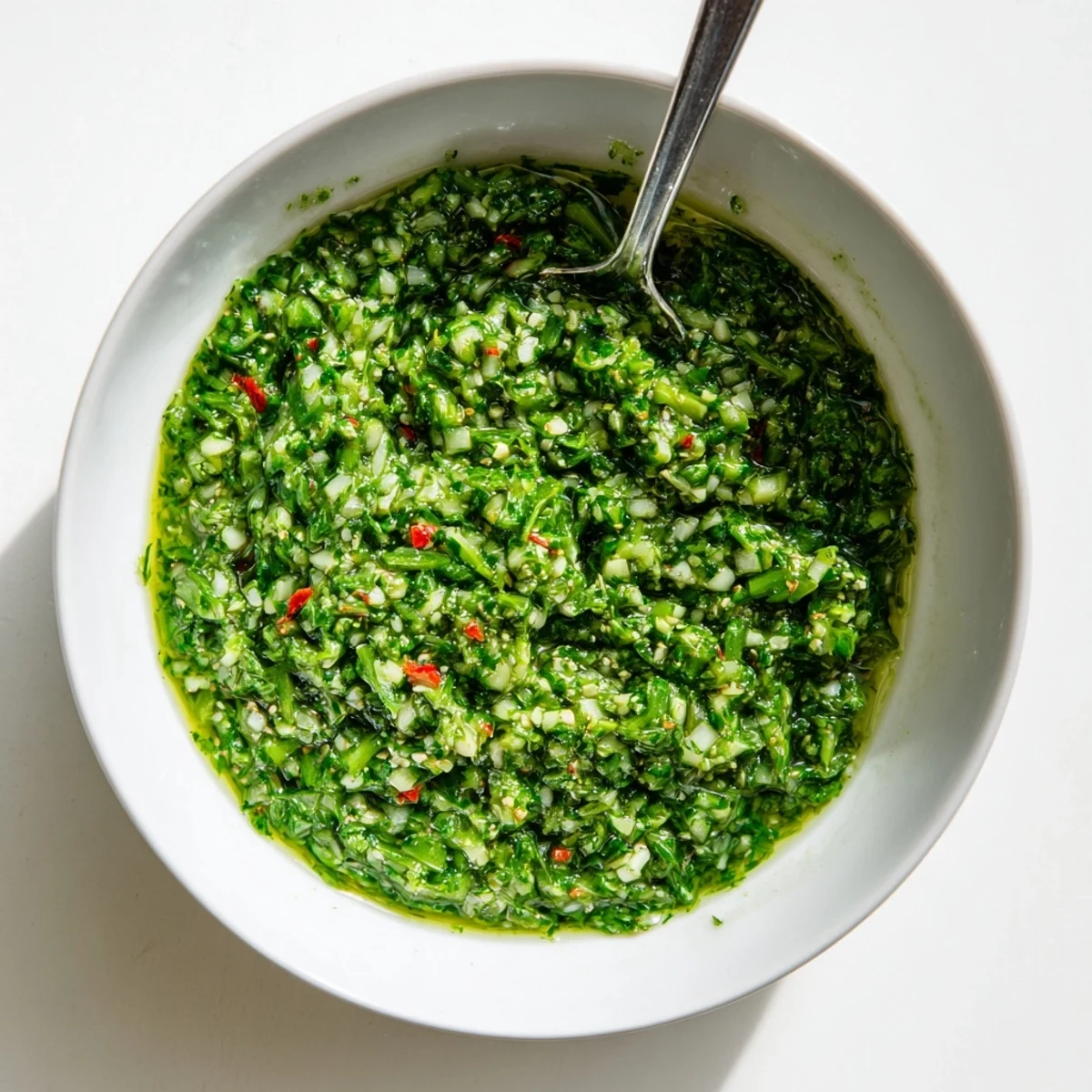 Fresh chimichurri featuring chopped garlic scapes and herbs served in rustic glass bowl
