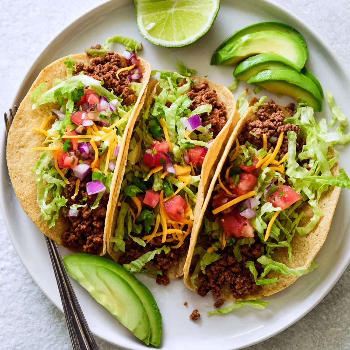 Warm corn tortillas filled with spiced ground beef tacos topped with vibrant pico de gallo