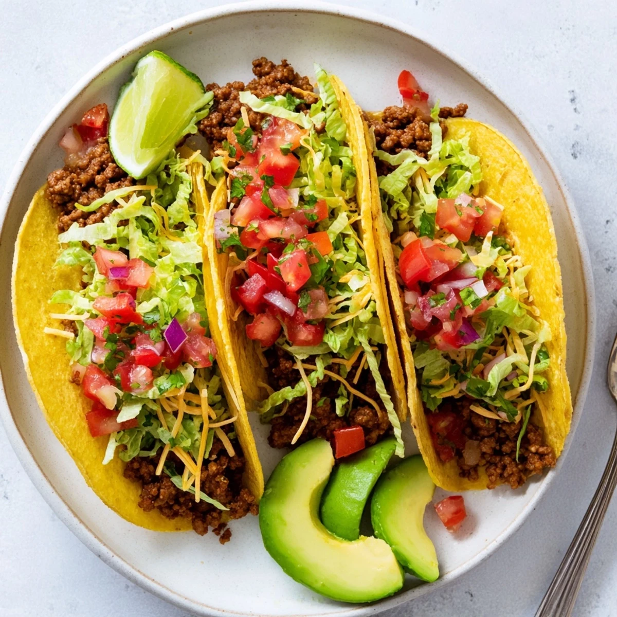 Homemade ground beef tacos garnished with zesty pico de gallo, cheese, and creamy avocado slices