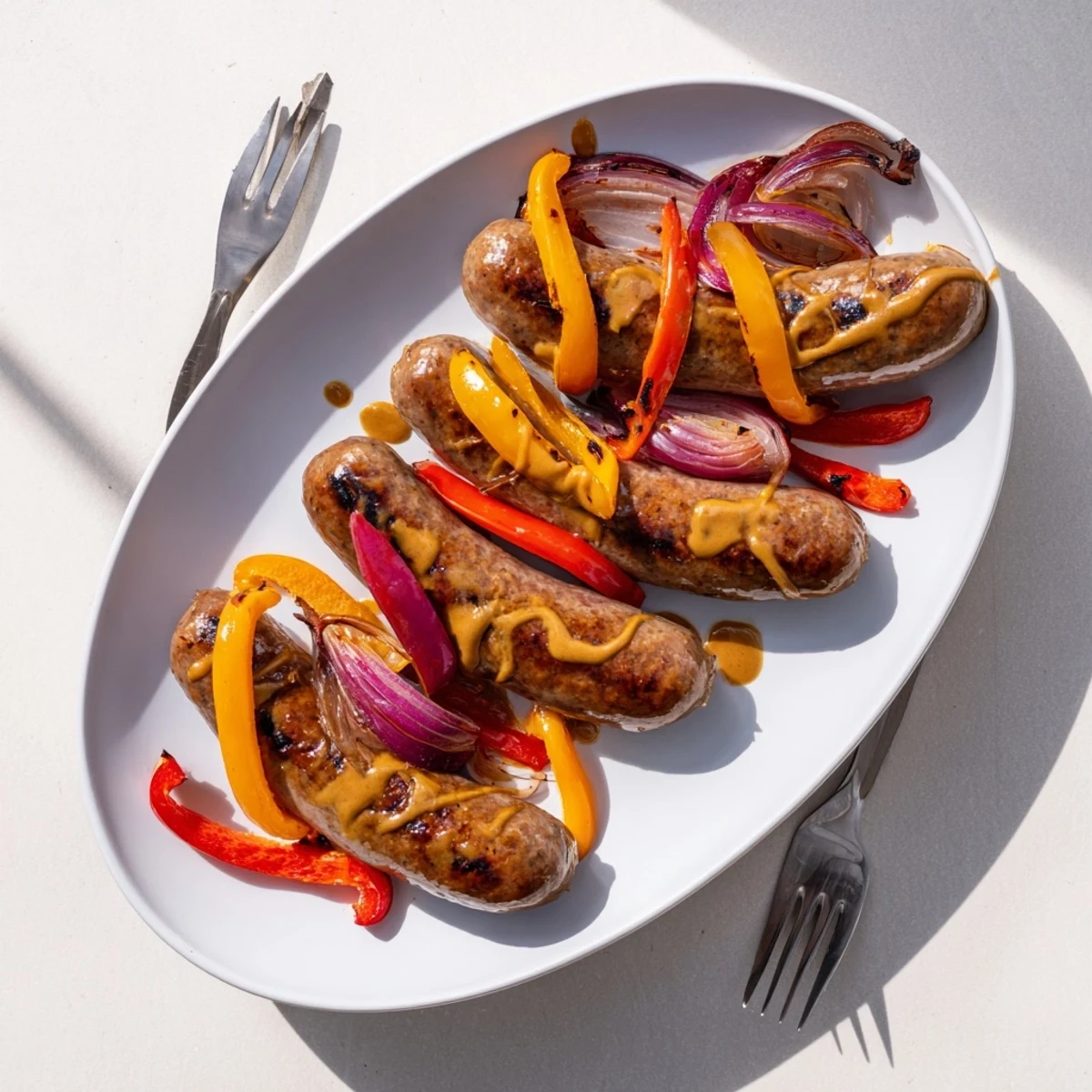 Golden grilled BBQ beef sausage with colorful peppers and onions coated in tangy mustard glaze