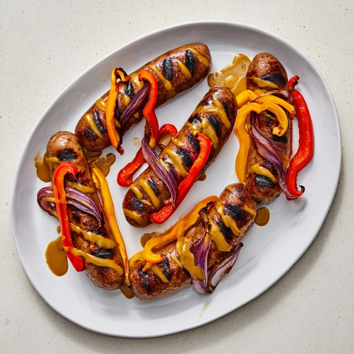 Savory beef sausages fresh off the grill with roasted vegetables and sticky mustard honey BBQ sauce