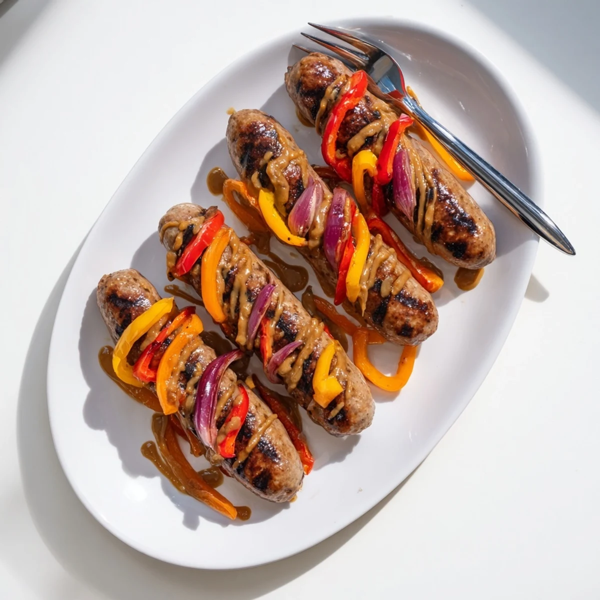 Juicy grilled beef sausage served alongside sweet charred peppers and onions with honey mustard BBQ glaze