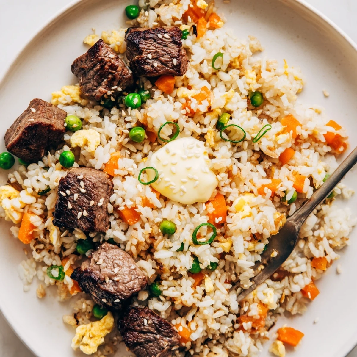 Golden Blackstone hibachi steak fried rice topped with tender beef cubes and colorful vegetables