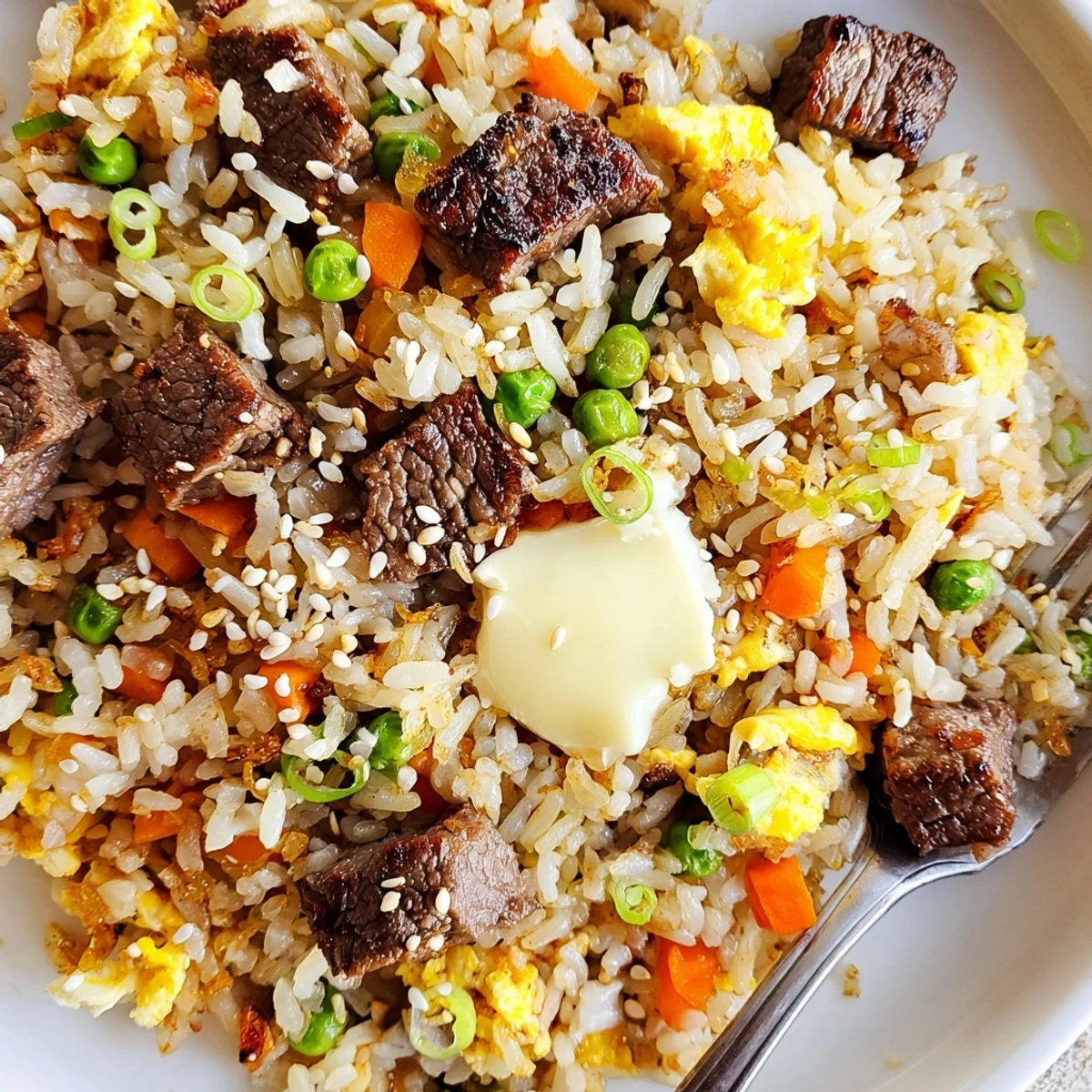 Sizzling hibachi steak fried rice served hot with sesame seeds and fresh green onion garnish