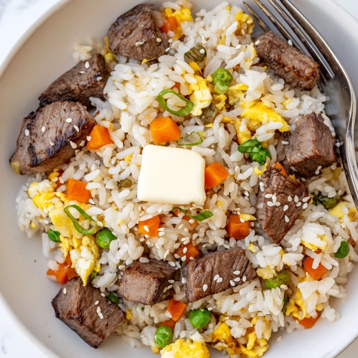 Steak fried rice cooked on Blackstone griddle featuring scrambled eggs, peas, and savory soy sauce