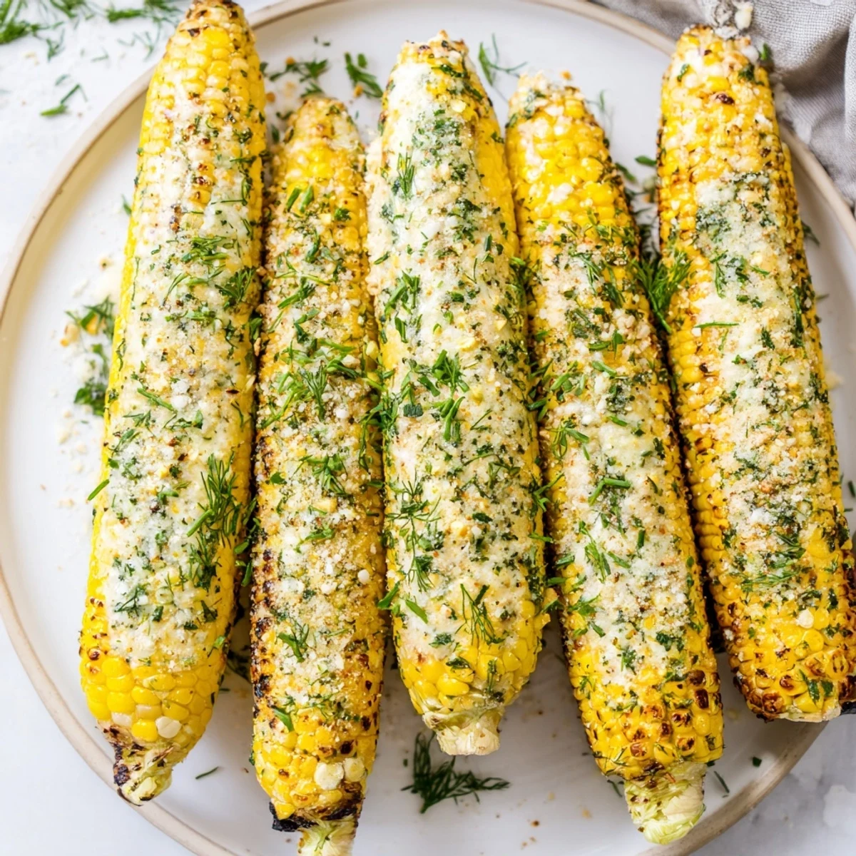 Flame-grilled corn on the cob coated in zesty parmesan ranch herb mixture