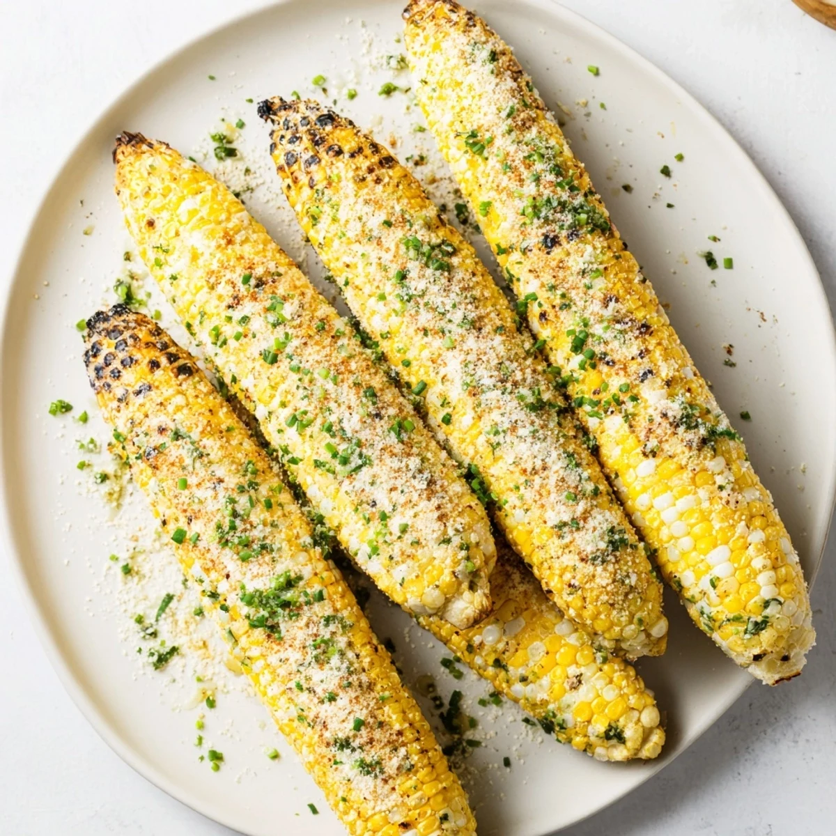 Golden grilled corn ears topped with melted herb butter and savory parmesan ranch seasoning