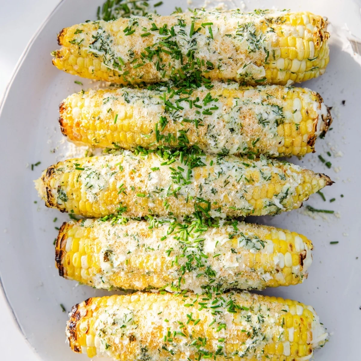 Charred sweet corn brushed with fresh herbs and sprinkled with creamy ranch parmesan coating
