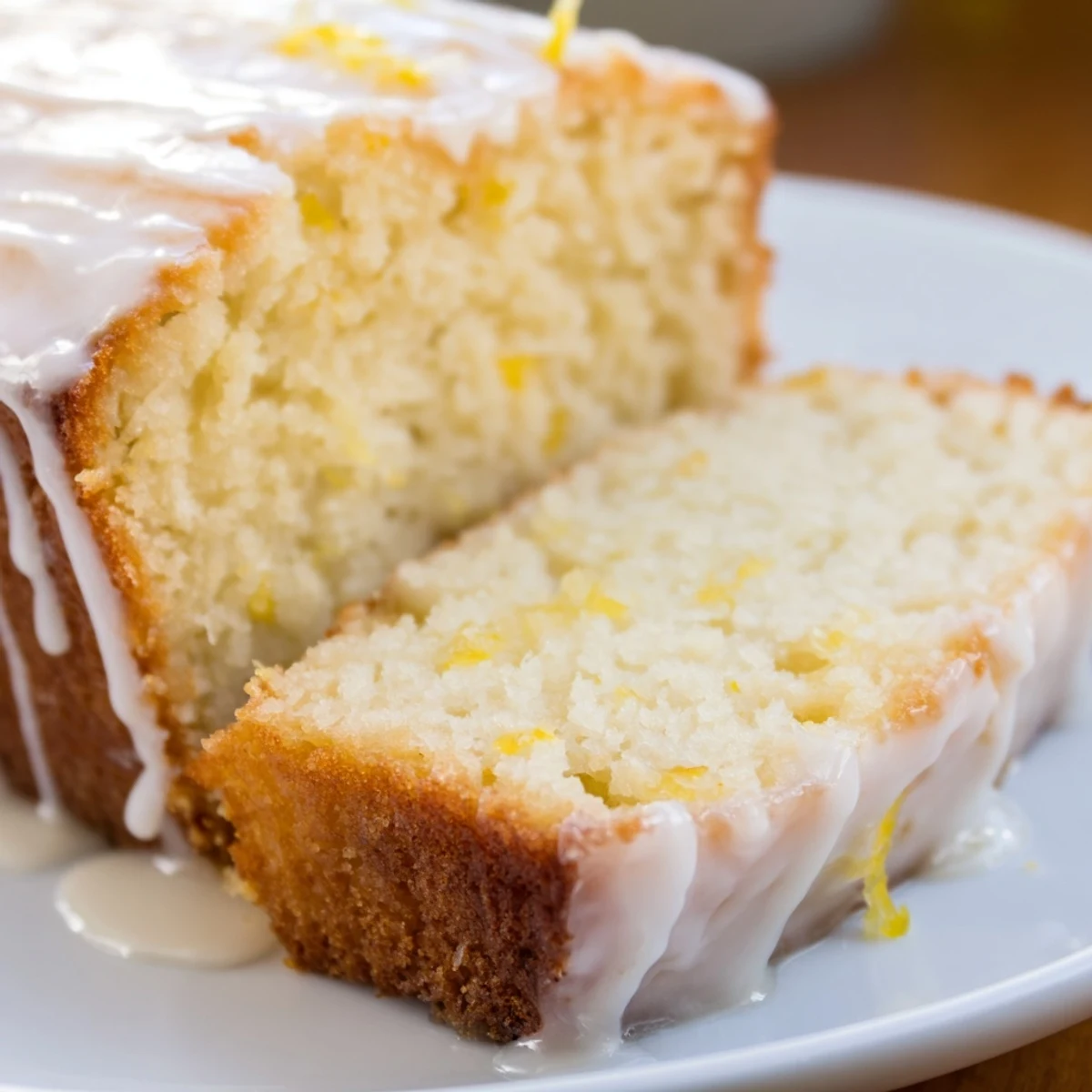 Moist lemon loaf cake slice revealing tender crumb on a white plate with fresh lemon