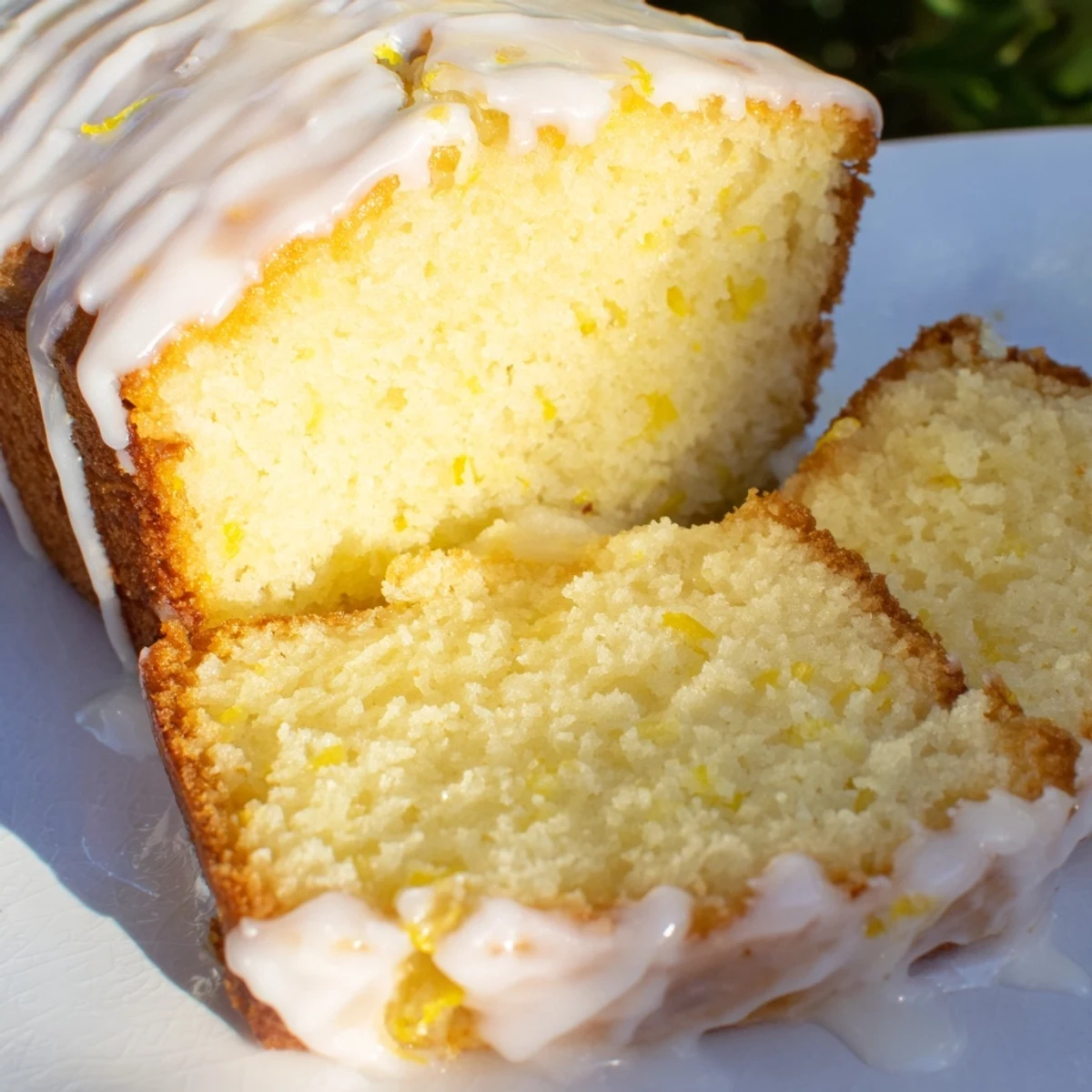 Golden Greek yogurt lemon loaf drizzled with white glaze on a wooden cutting board