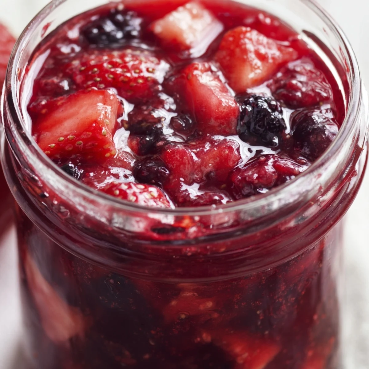 Homemade strawberry rhubarb raspberry jam glistening in glass jars with mixed berries