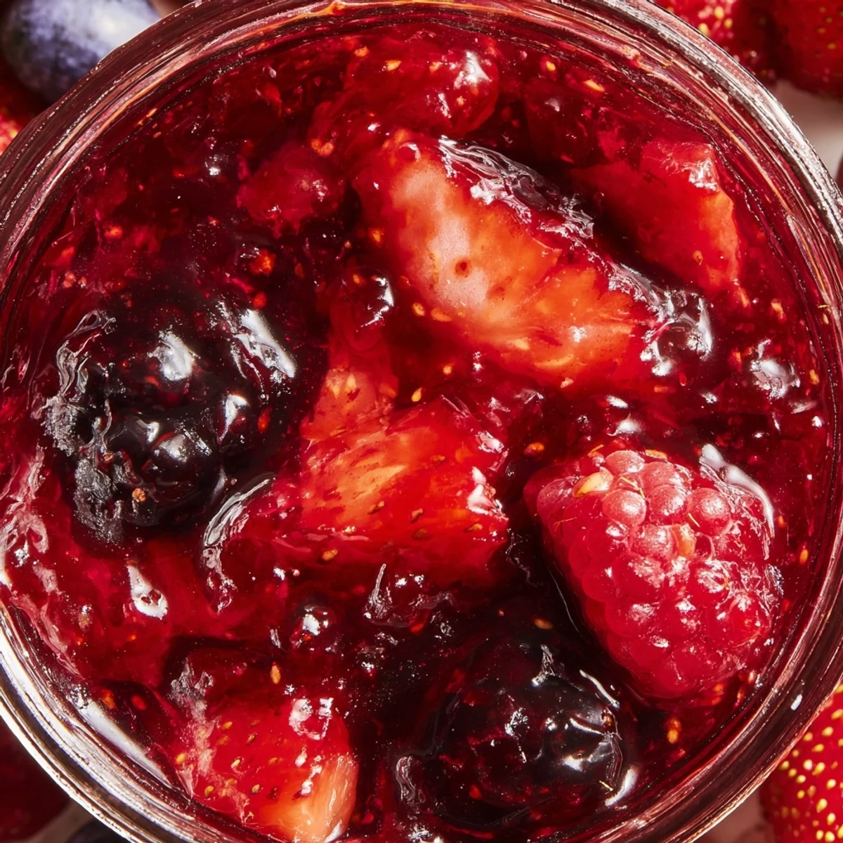 Ruby red strawberry rhubarb raspberry jam spread thickly on toasted sourdough bread