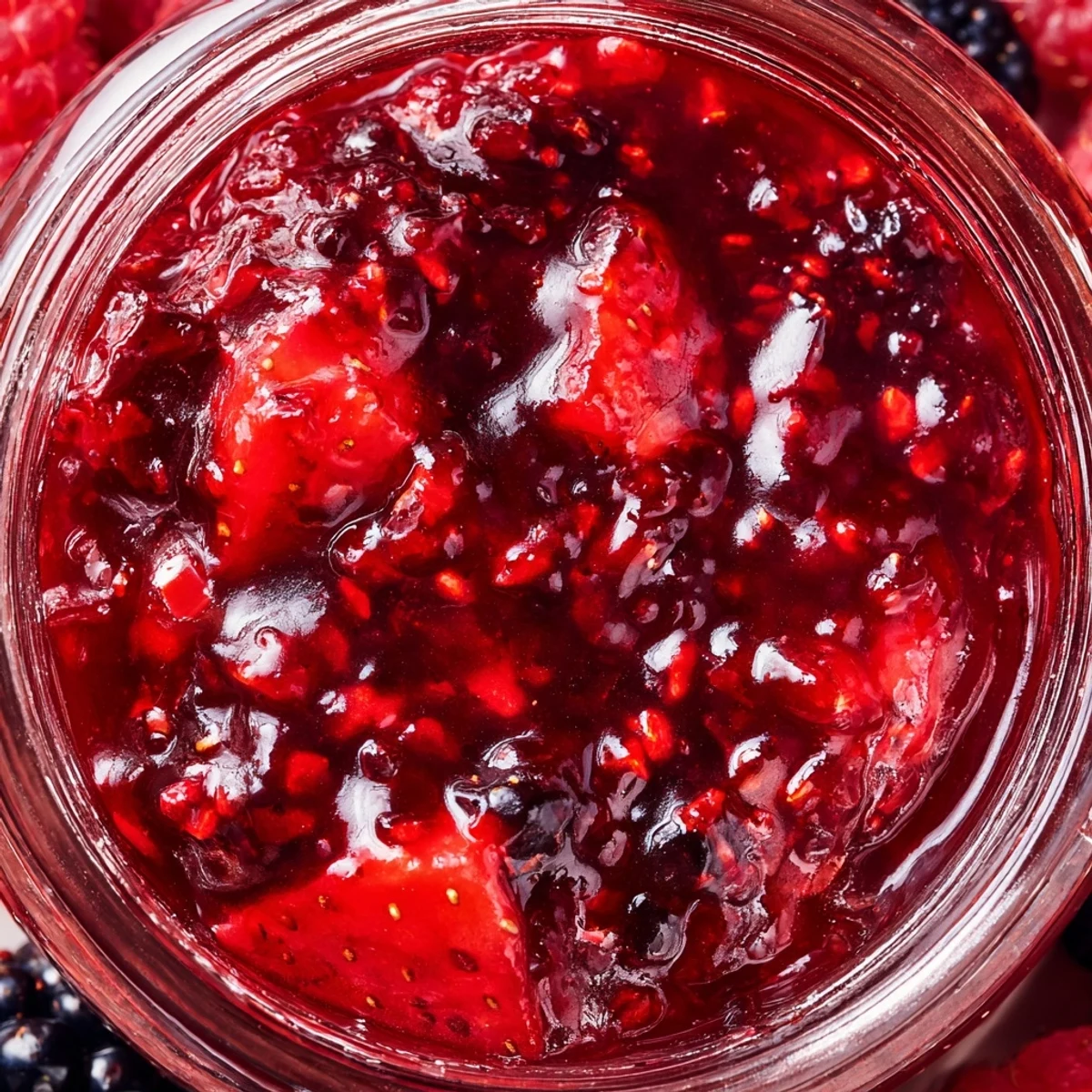 Strawberry rhubarb raspberry jam swirled into creamy Greek yogurt with fresh berries