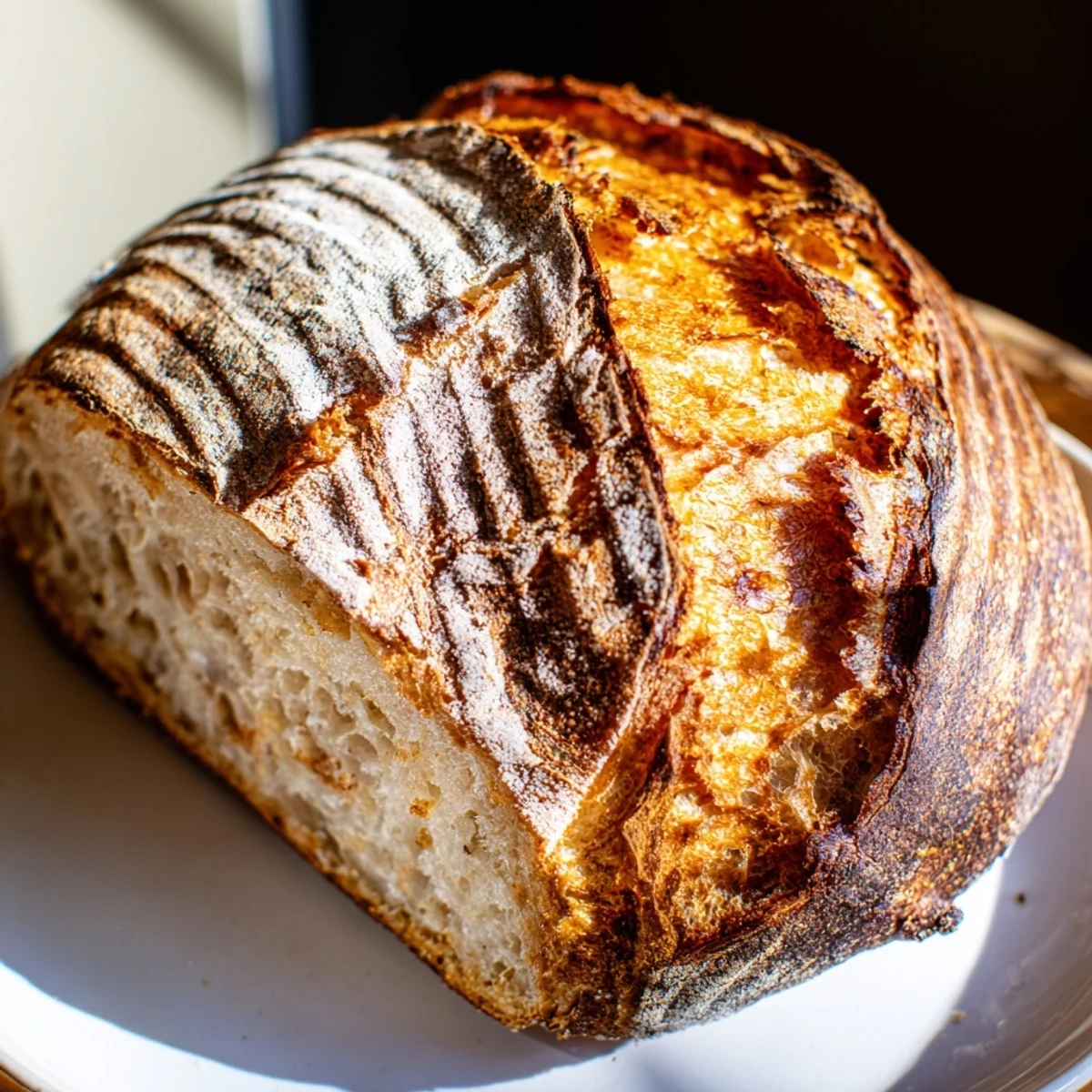 Freshly baked sourdough bread loaf cooling on a wire rack with artisan scoring