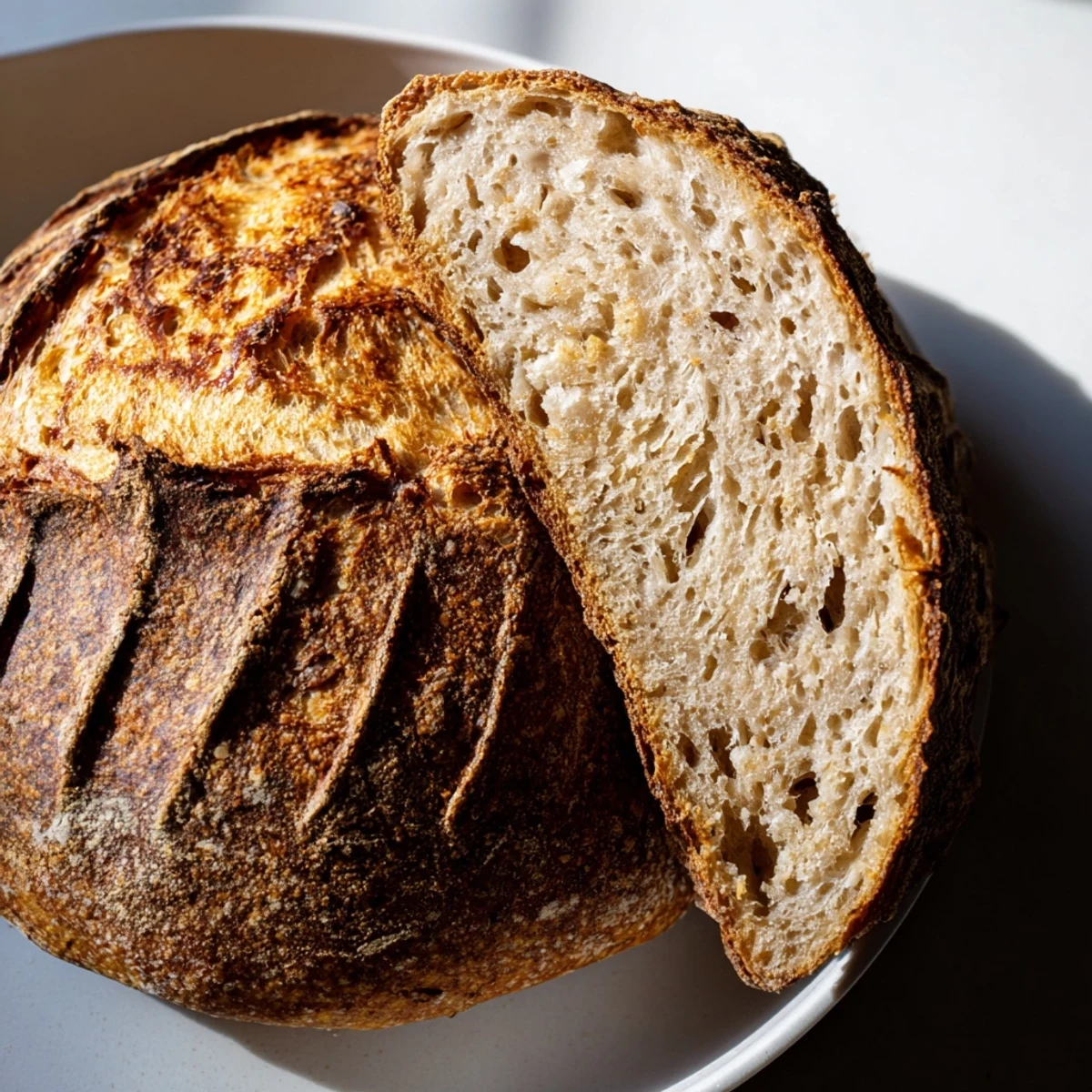 Rustic sourdough bread with a deeply golden crust and tender chewy interior