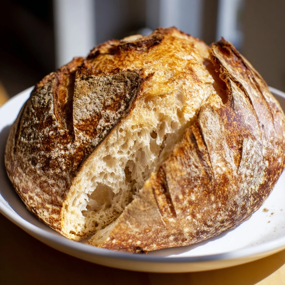 Homemade sourdough bread slice revealing the airy crumb and crisp caramelized crust