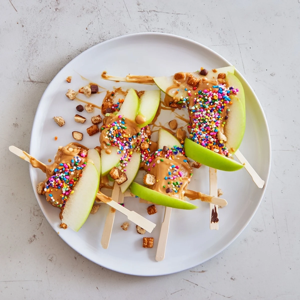 Peanut butter caramel apple pops on sticks with chocolate chips and peanuts