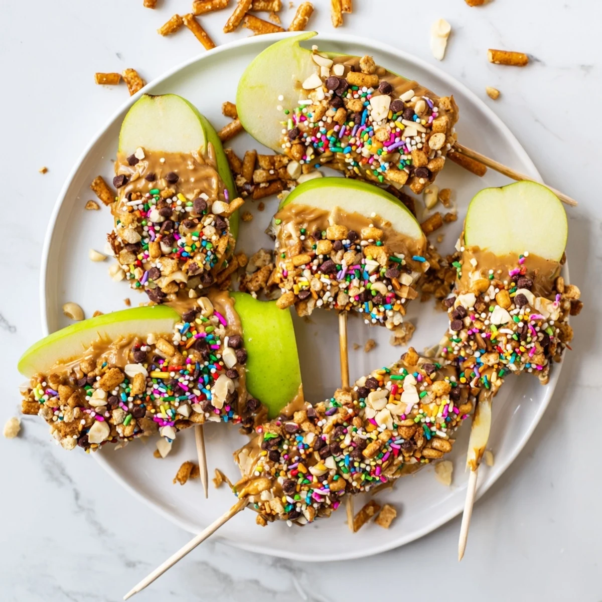 Crisp apple slices dipped in creamy peanut butter and gooey caramel with sprinkles