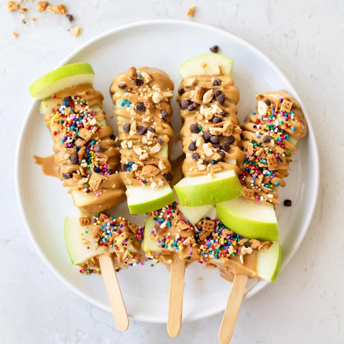 Homemade peanut butter caramel apple pops topped with crunchy pretzels and rainbow sprinkles
