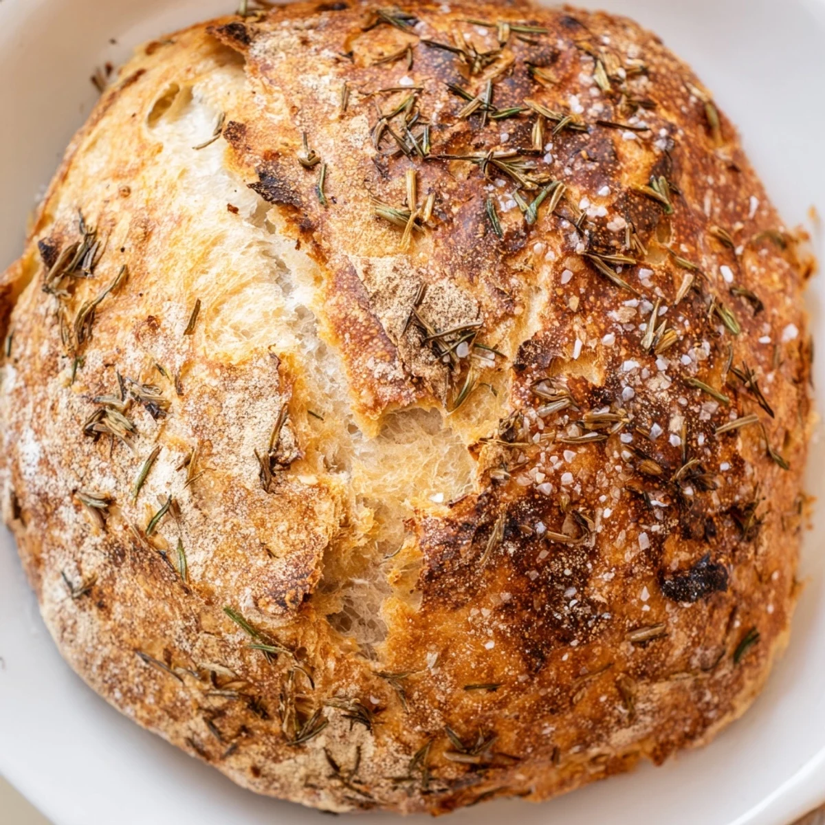 Golden brown Dutch oven garlic rosemary bread with a crisp crust and soft interior