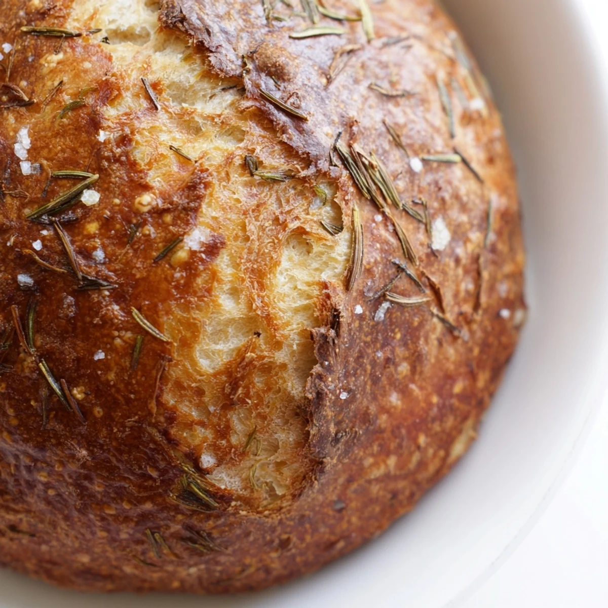 Rustic artisan loaf featuring roasted garlic and fresh rosemary baked in a cast iron Dutch oven