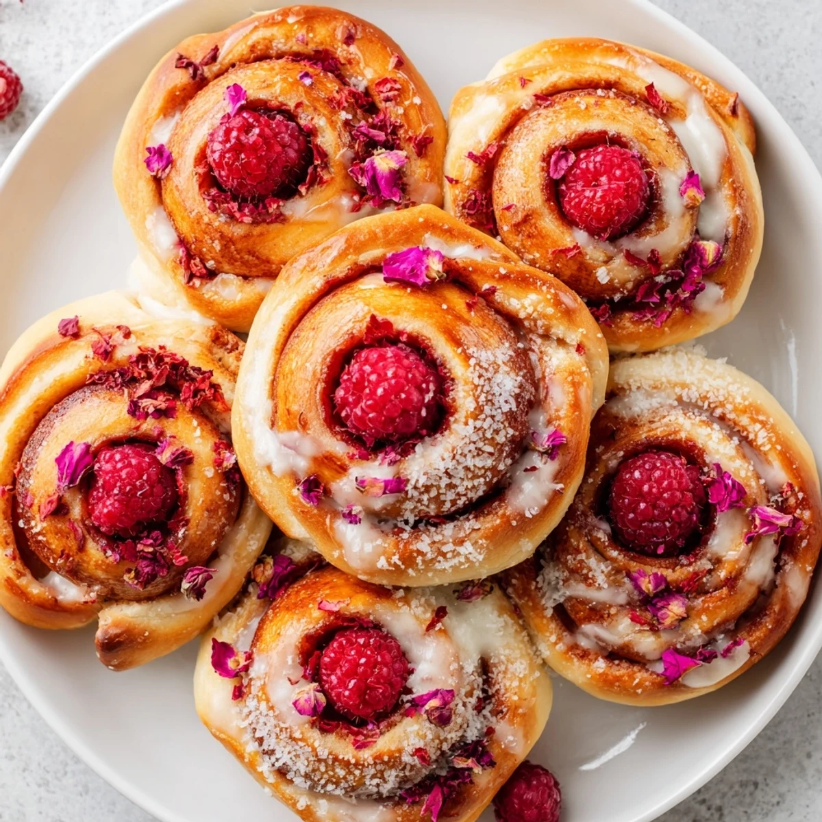 Soft golden raspberry and rose cheesecake buns topped with sugary rose petals on a wooden board
