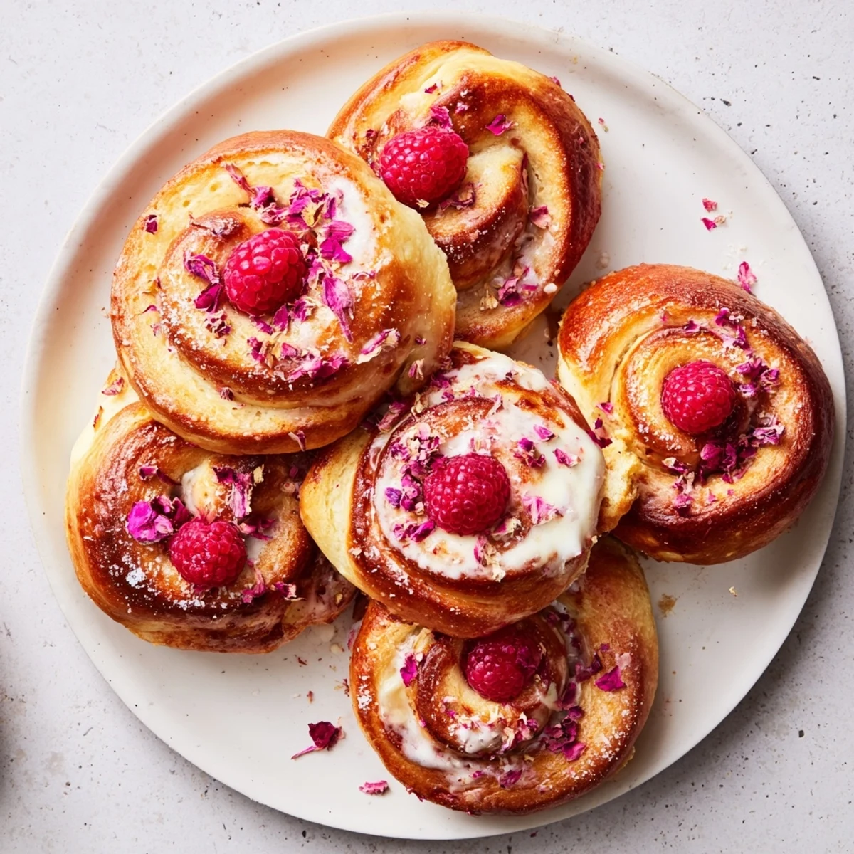 Freshly baked raspberry and rose cheesecake buns with creamy rosewater filling and bright red berry centers