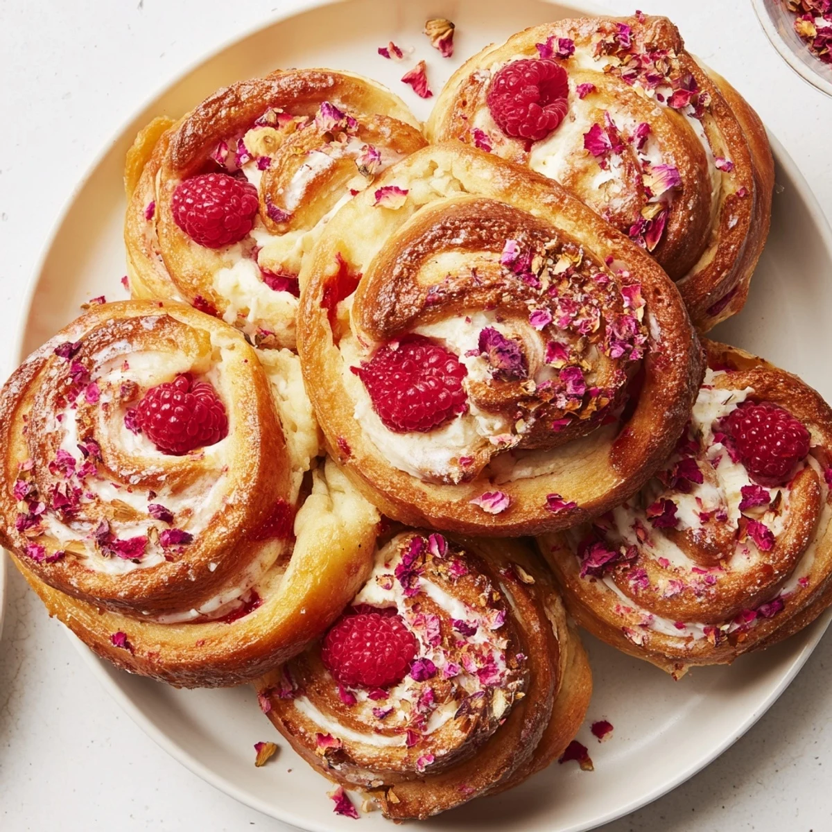 Golden breakfast buns filled with rose-scented cheesecake and sweet fresh raspberries, garnished with dried rose petals