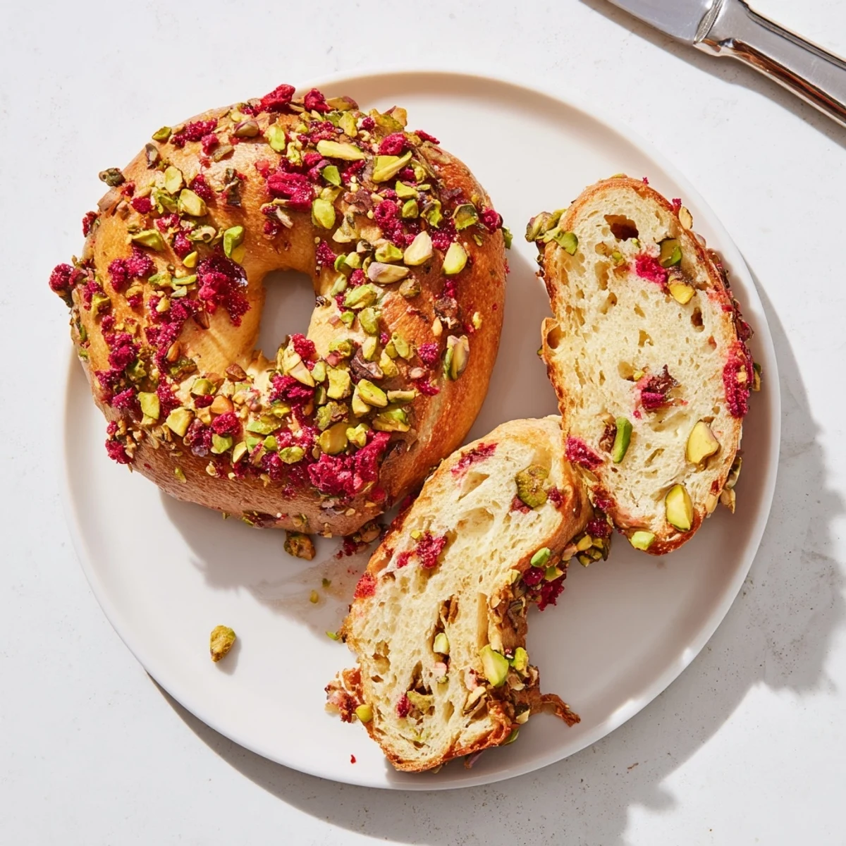 Freshly baked Raspberry Pistachio Sourdough Bagels with pink berry streaks and green nut chunks