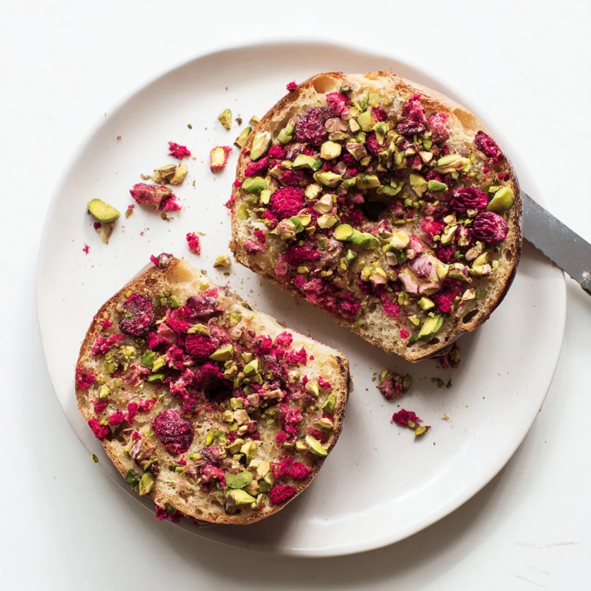 Golden brown Raspberry Pistachio Sourdough Bagels sliced open revealing soft chewy interior texture