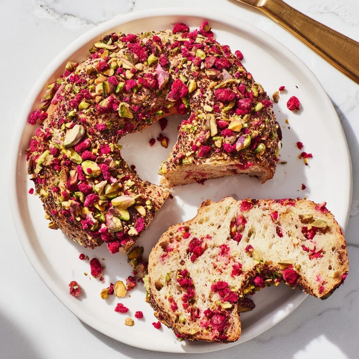 Stack of warm Raspberry Pistachio Sourdough Bagels topped with extra pistachios and freeze-dried raspberries