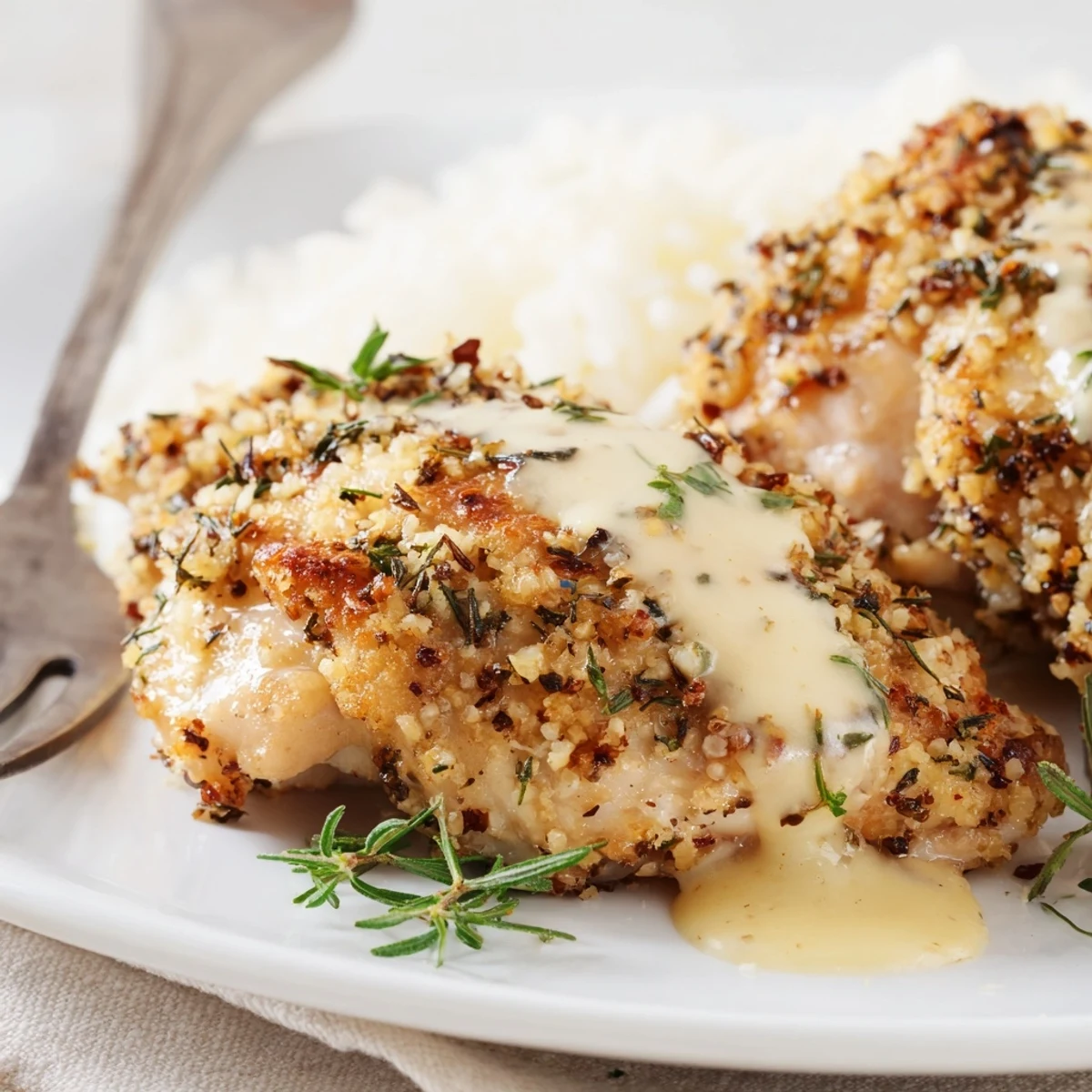 Golden Herb Crusted Chicken Thighs In Creamy Garlic Sauce With Rice, steaming and aromatic
