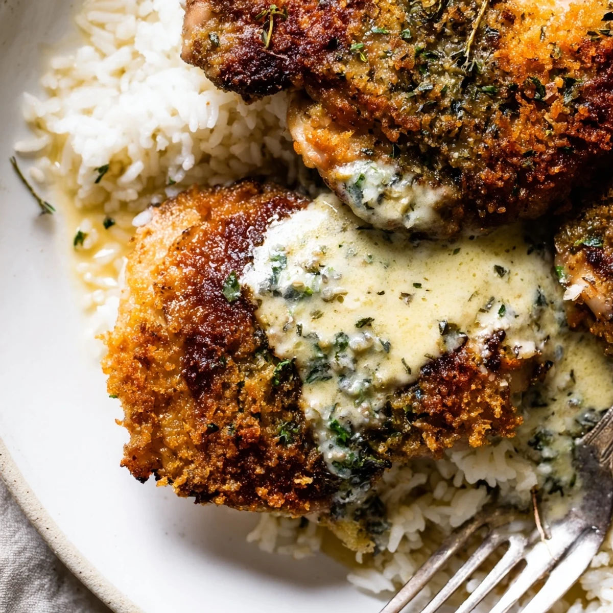 Hearty plate of Golden Herb Crusted Chicken Thighs In Creamy Garlic Sauce With Rice