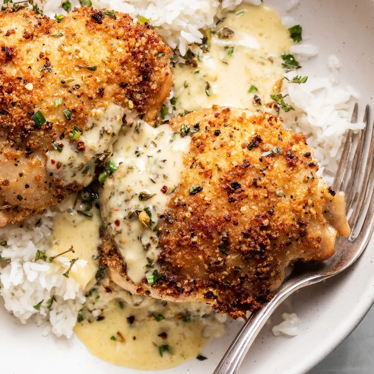 Golden Herb Crusted Chicken Thighs In Creamy Garlic Sauce With Rice, crispy herb crust