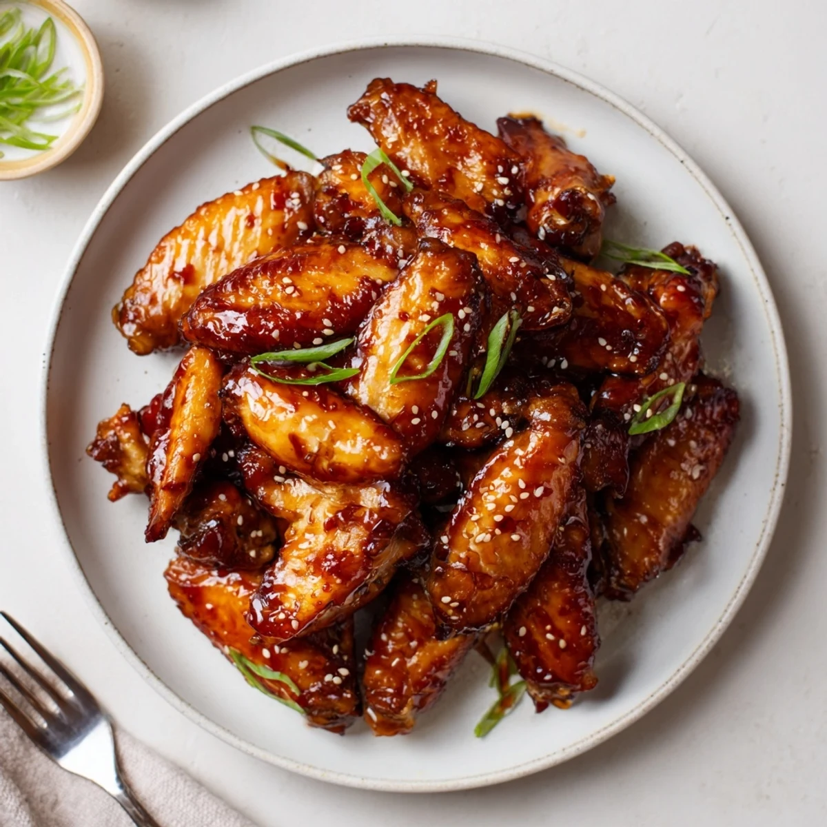 Sticky Teriyaki Baked Wings glisten with caramelized sauce, garnished with scallions.
