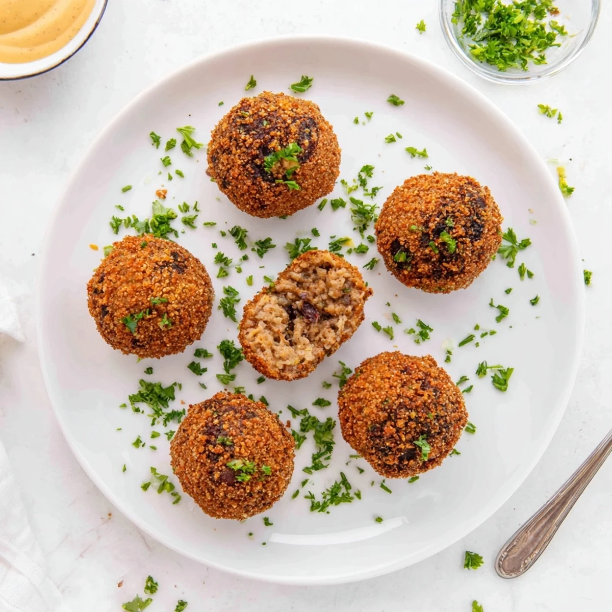 Cajun Boudin Balls: golden, crispy exterior with spicy pork rice filling