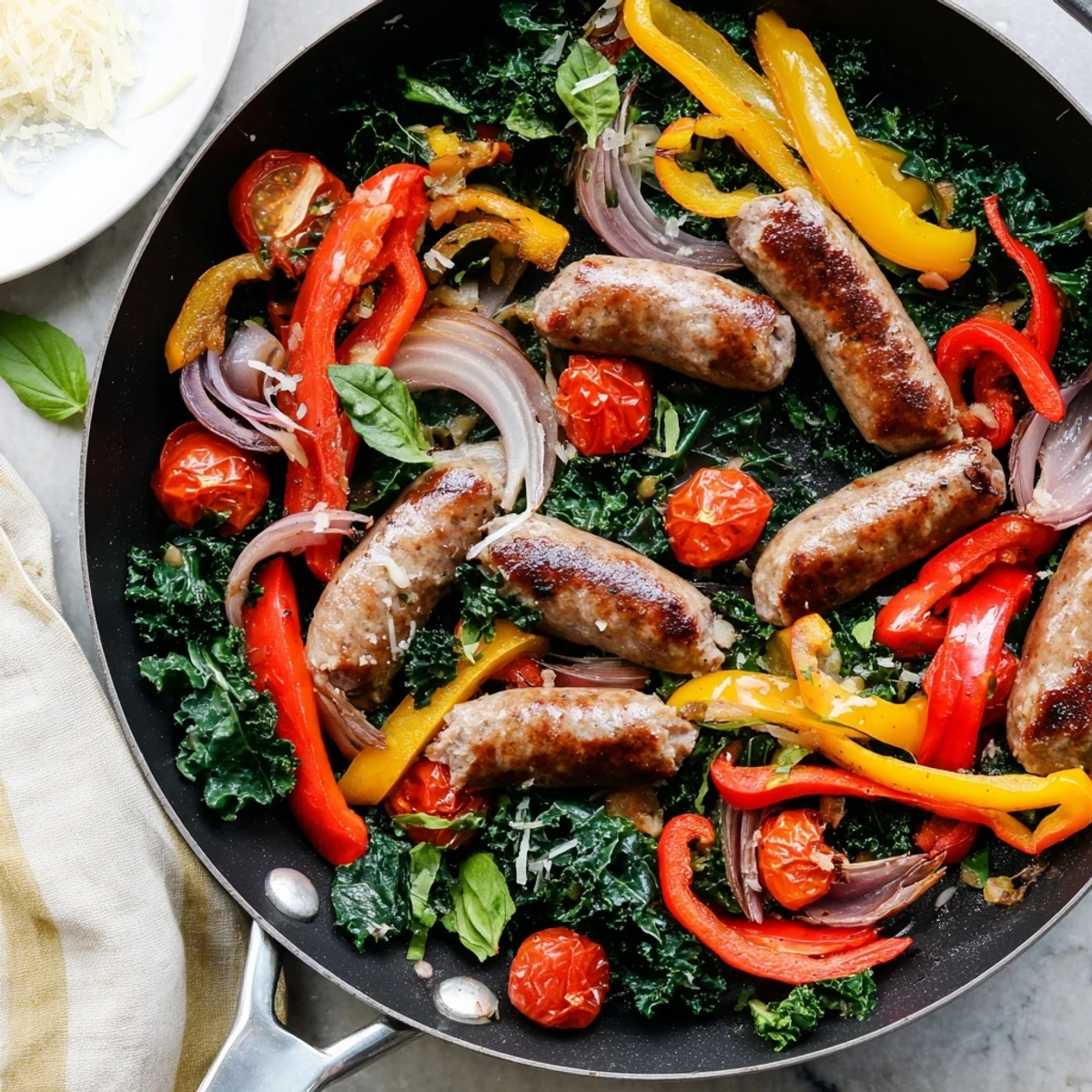 Golden sausage peppers and greens skillet dinner bubbling in a cast iron pan with vibrant red and yellow bell peppers