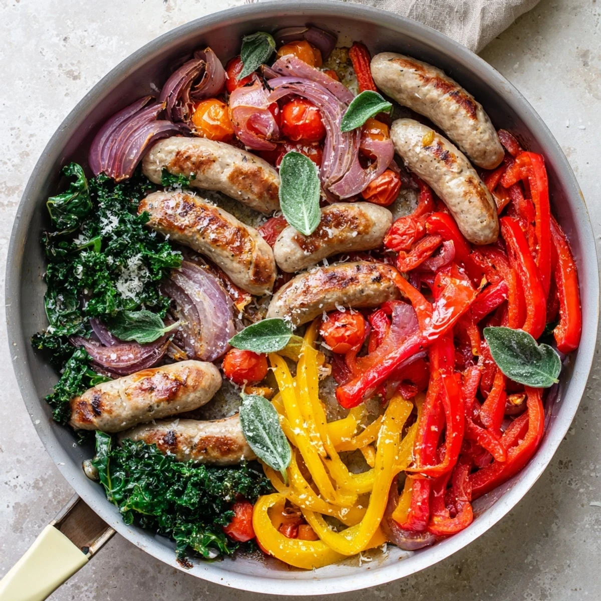 One pan sausage peppers and greens skillet featuring browned Italian sausage links nestled among caramelized colorful vegetables and wilted kale