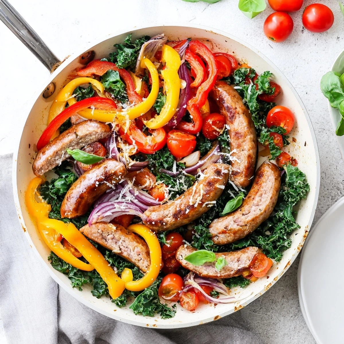 Hearty sausage peppers greens skillet meal topped with fresh basil and parmesan ready for family dinner