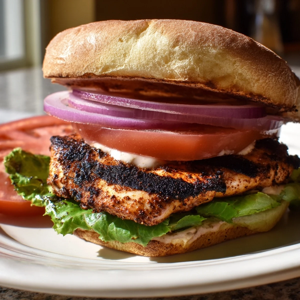 Flavorful spice-rubbed chicken breast stacked on a toasted sandwich bun with fresh vegetables