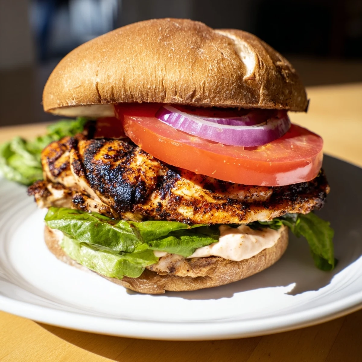Juicy grilled spiced chicken sandwich on toasted bun with crisp lettuce and tomato slices
