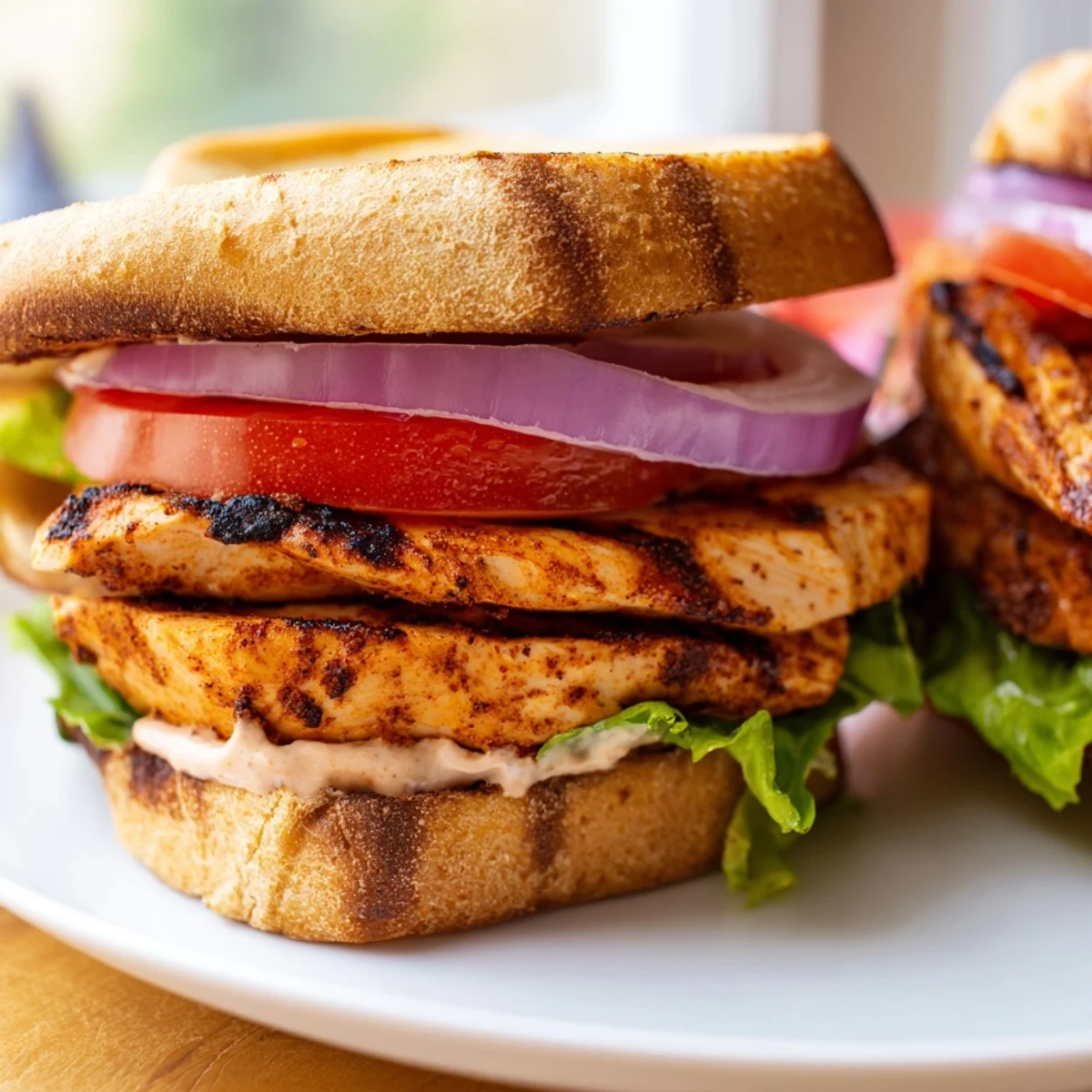 Golden brown seasoned chicken sandwich served with creamy mayo mustard sauce and crunchy toppings