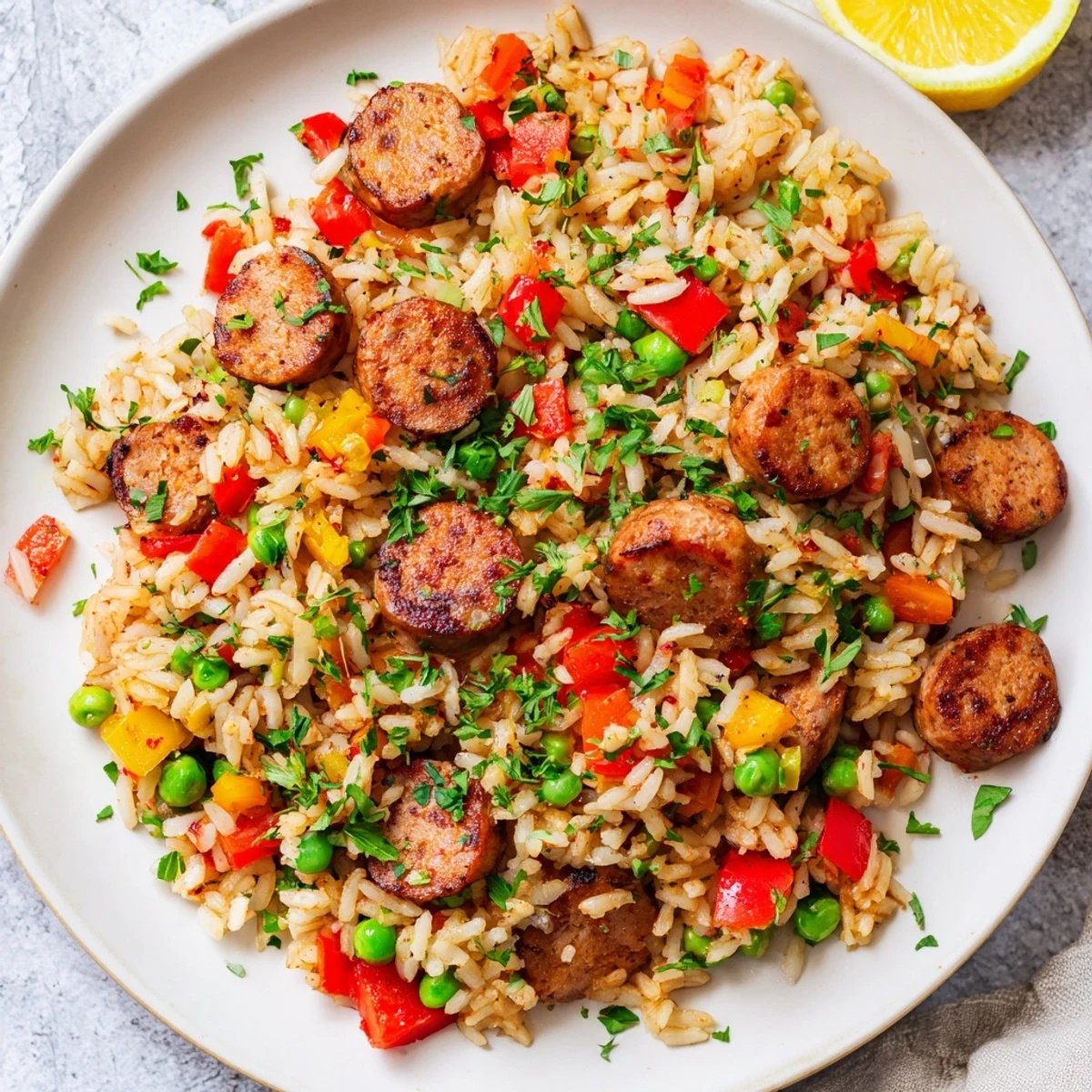 One-pan crispy skillet rice featuring browned chicken sausage, tender peas, and red bell pepper